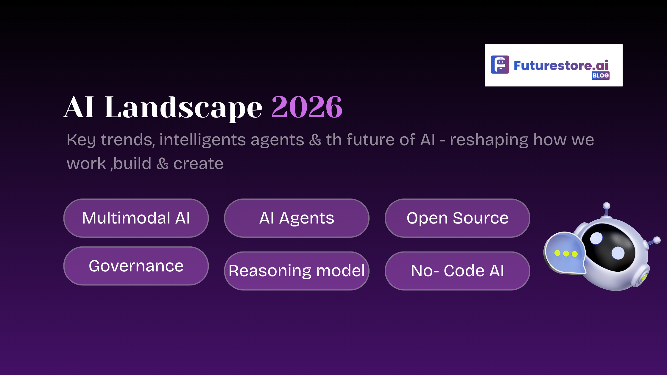 AI Landscape in 2026 featuring multimodal AI, AI agents, open-source AI, governance, reasoning models, and no-code AI trends